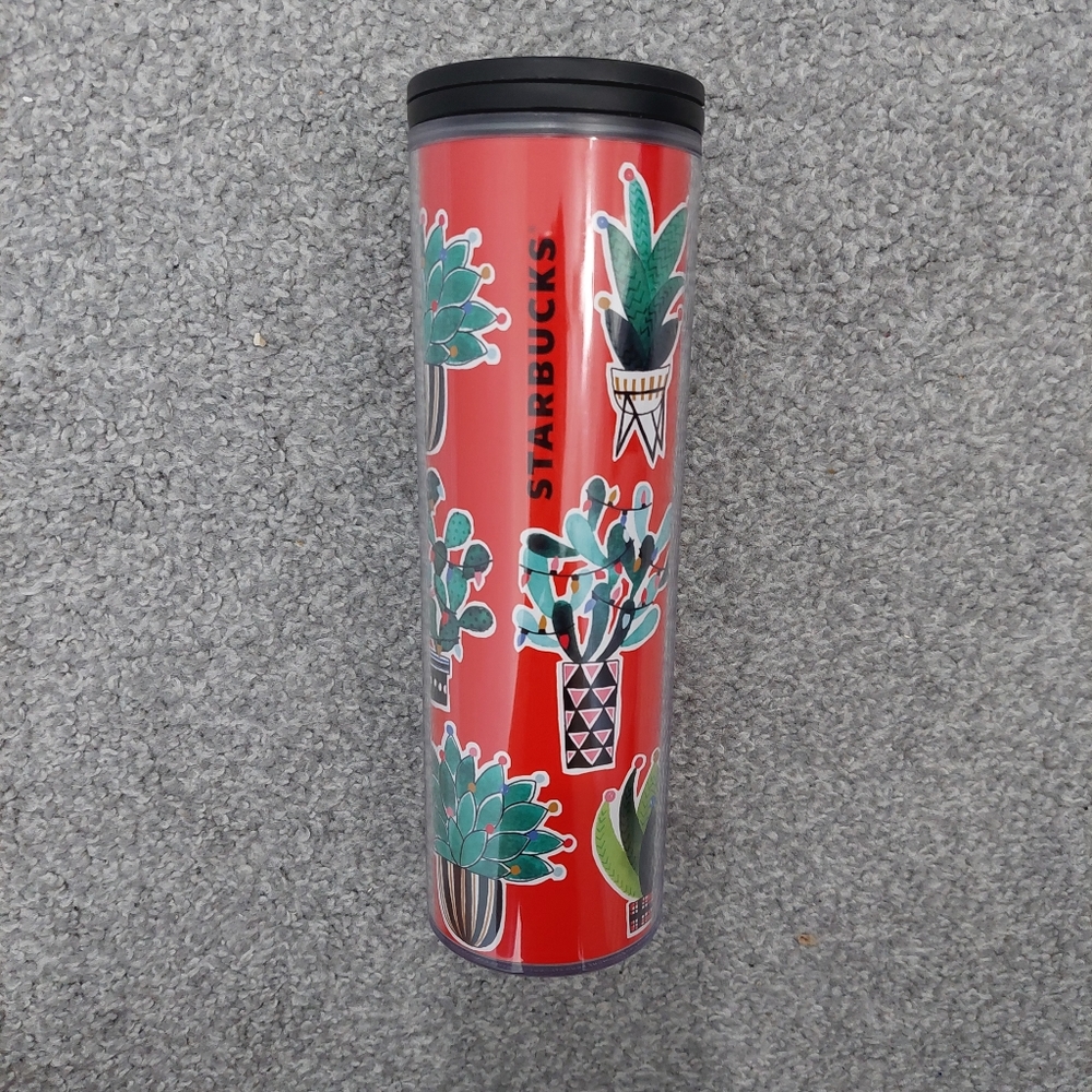 Starbucks 2017 Tumbler 16oz screwtop lid red christmas succulent cactus print